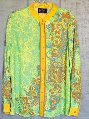Bob Mackie Lime & Yellow Floral Paisley Button-Front Blouse